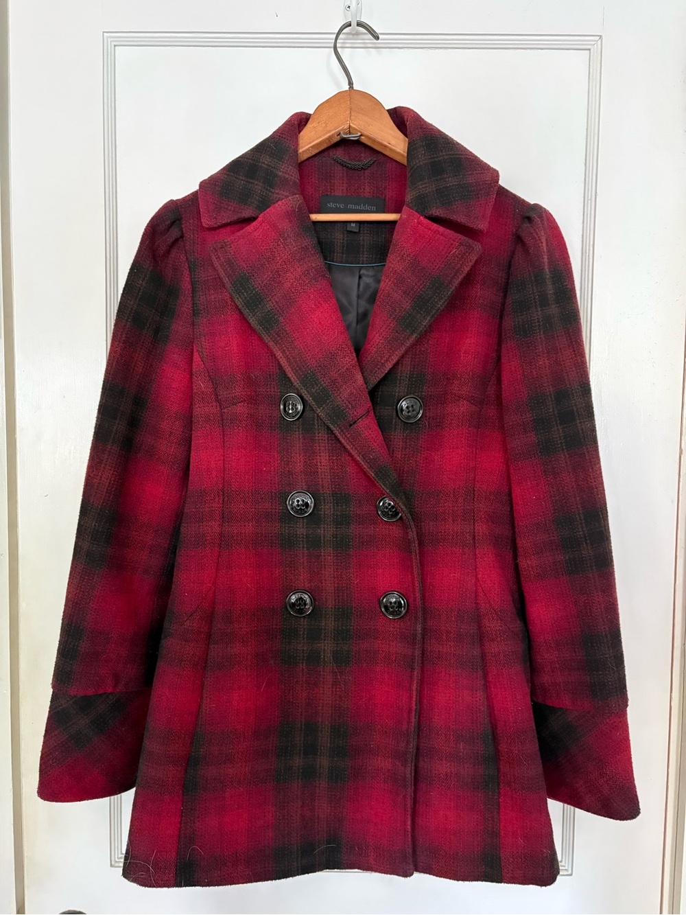 Steve Madden Red and Black Plaid Double-Breasted Peacoat